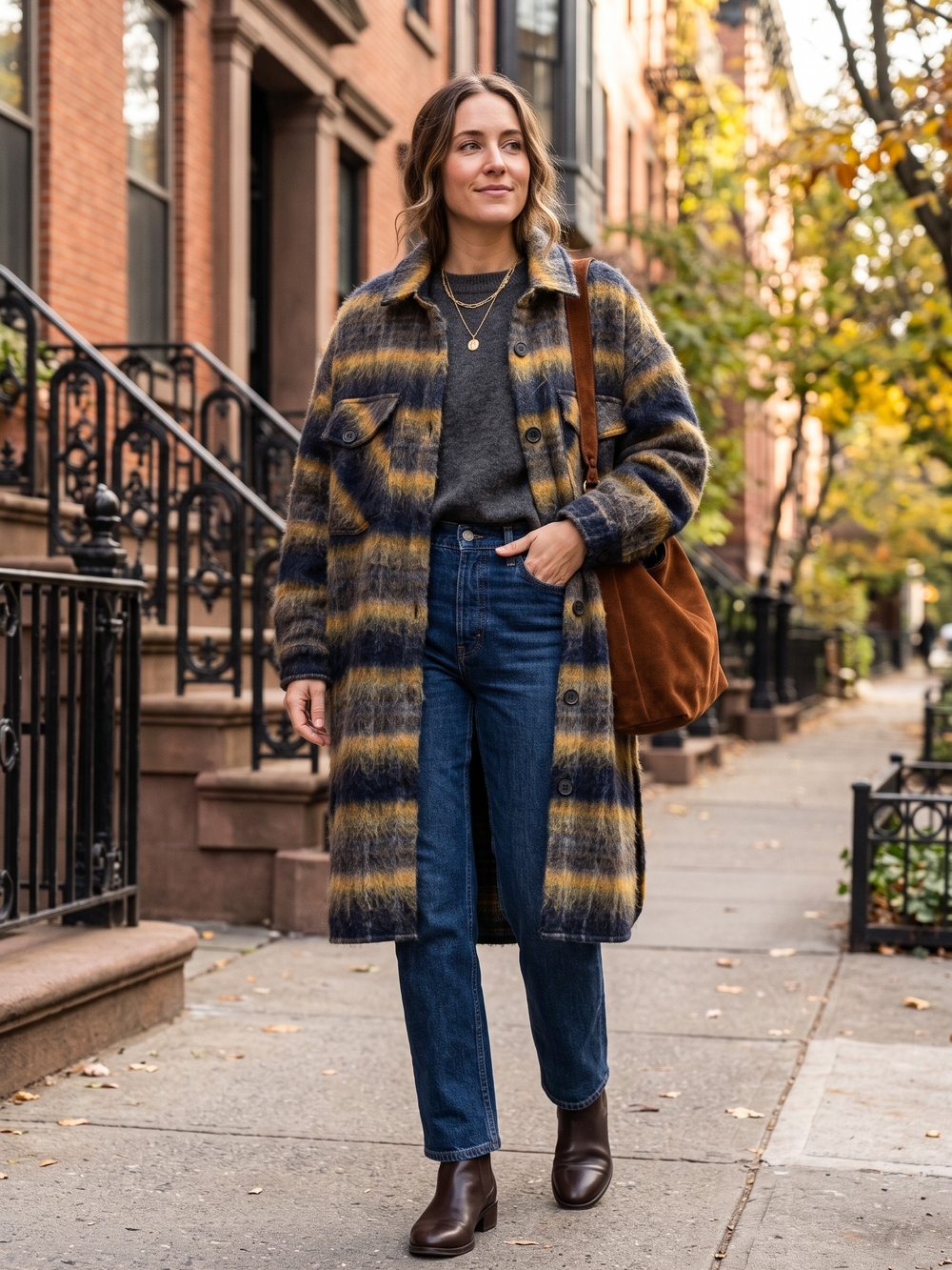 Fuzzy Wool Blend Longline Plaid Shacket Duster Coat Boutique Mohair Ombre